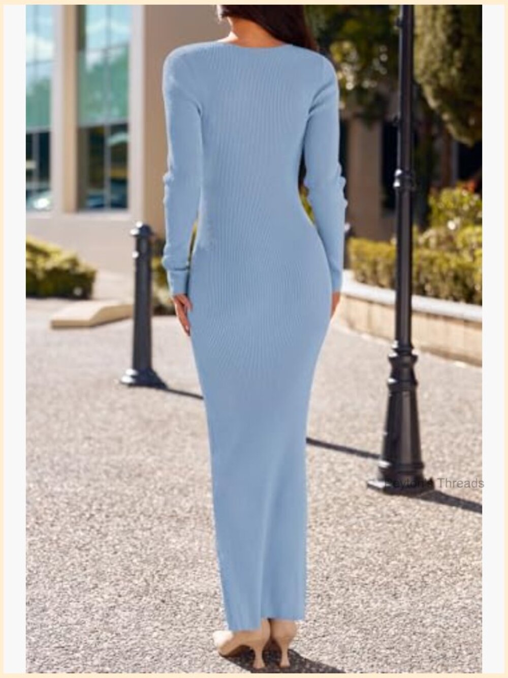 Long Sleeve Bodycon Sweater Dress Square Neck Ribbed Knit Maxi Dress - Picture 3 of 7
